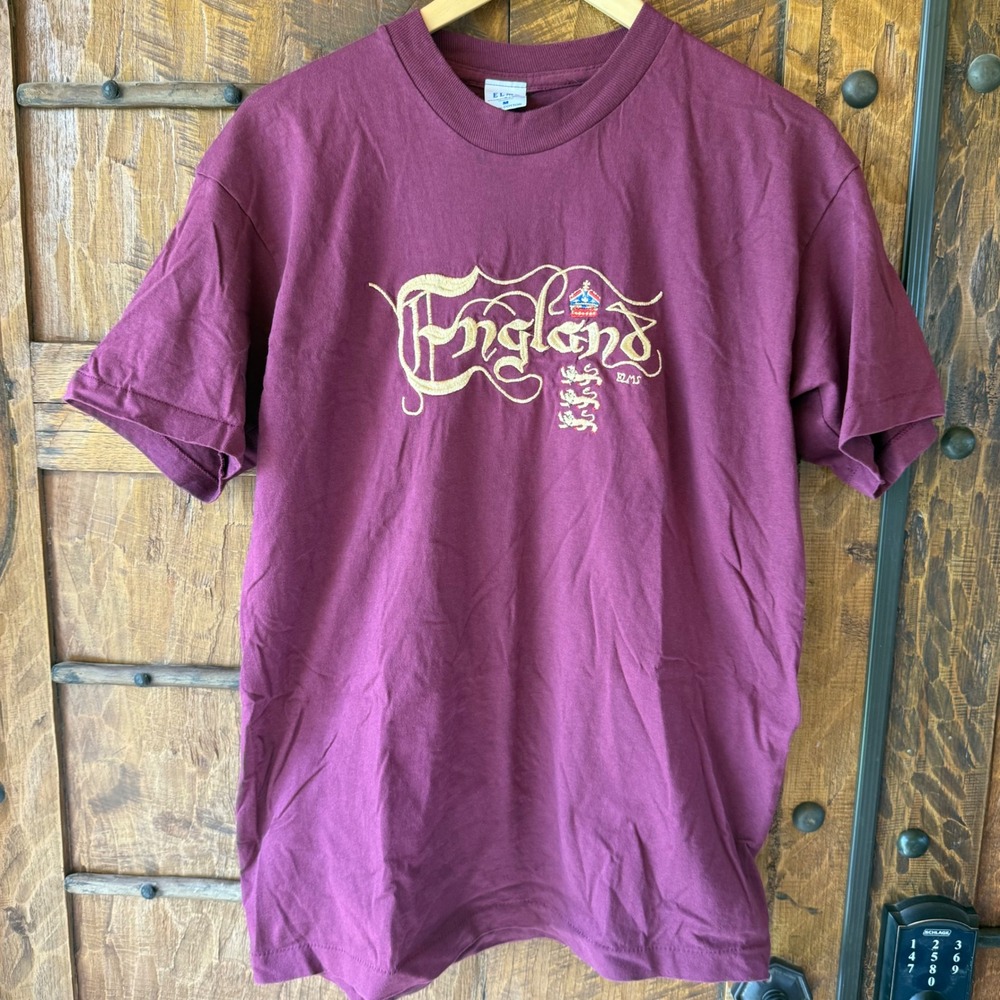 Vintage Y2K‎ Elms England T-Shirt Mens Med Burgundy Cotton Single Stitch Shirt